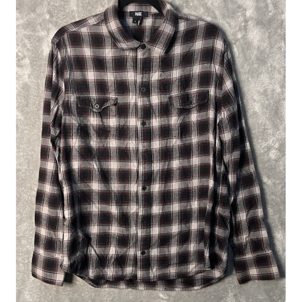 Paige Mens Everett Button Down Shirt Large‎ Plaid Rayon Cotton Soft Flannel - Picture 7 of 8